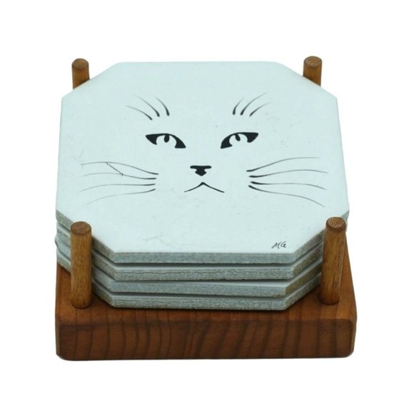 Vintage Kitty Cat Coasters In Wood Holder Porcelain Tiles Signed MG Set of 4 Hom - Picture 2 of 10